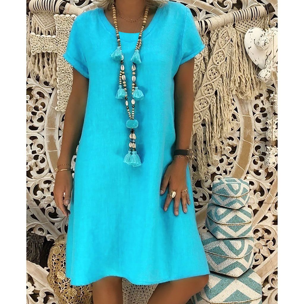 summer new women's solid color short-sleeved round neck dress