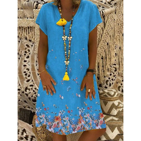 summer new women's v-neck print short-sleeved dress