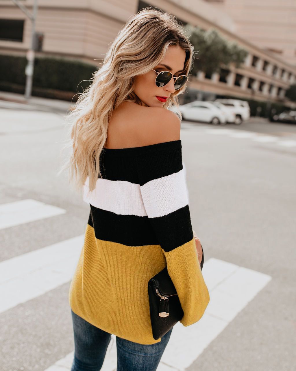 European and American women's color matching off-the-shoulder simple fashion tops