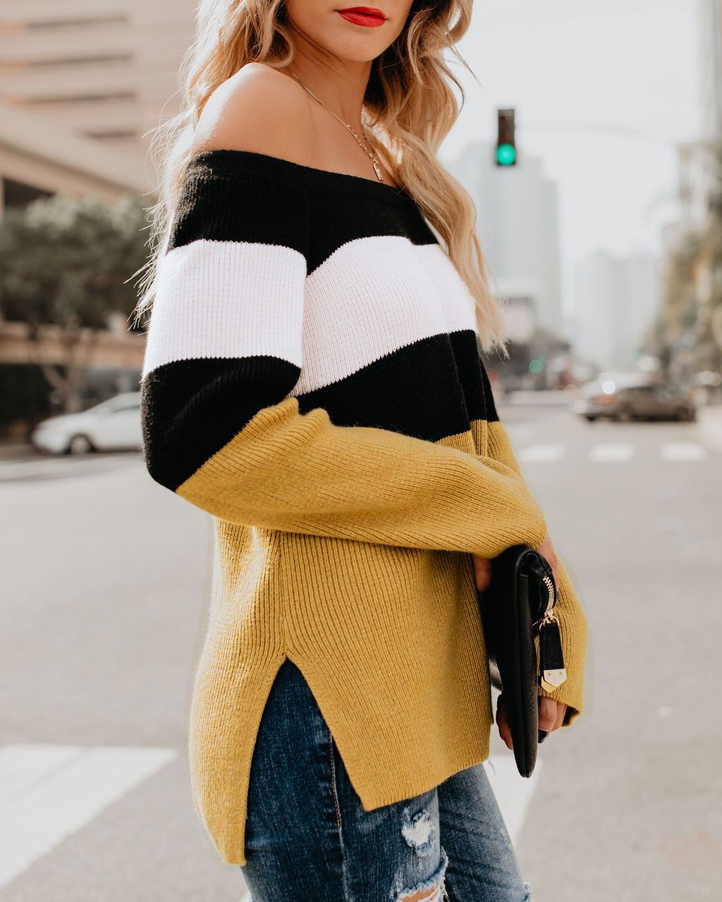 European and American women's color matching off-the-shoulder simple fashion tops