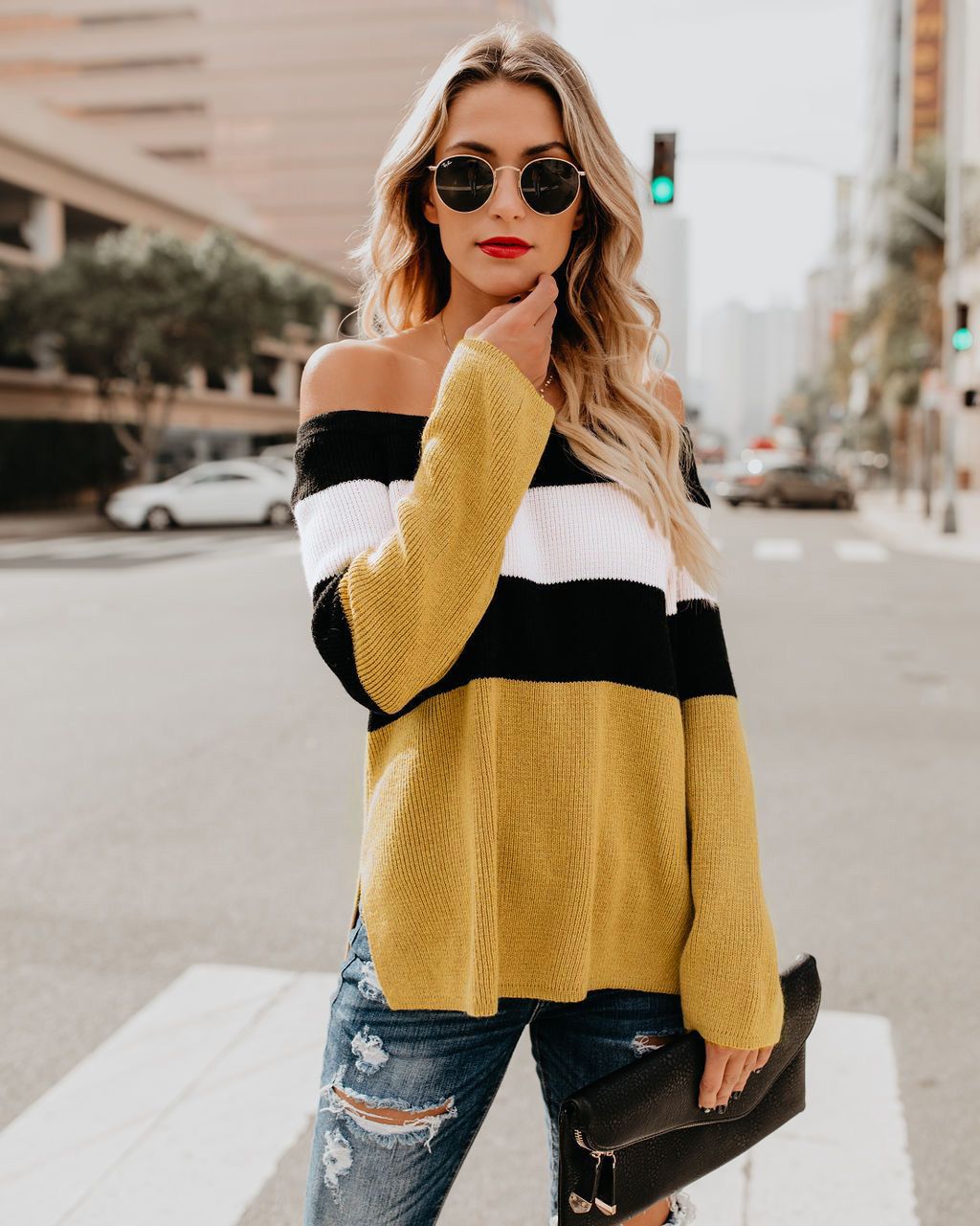 European and American women's color matching off-the-shoulder simple fashion tops
