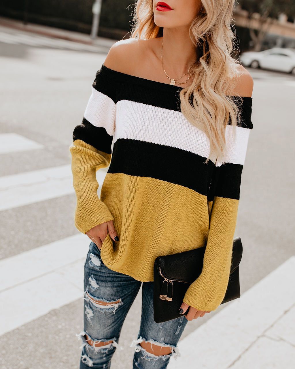European and American women's color matching off-the-shoulder simple fashion tops