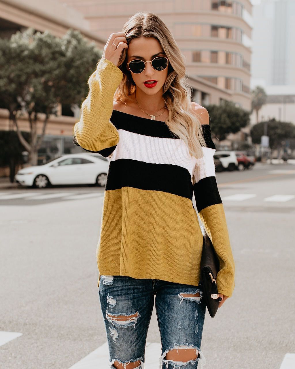 European and American women's color matching off-the-shoulder simple fashion tops