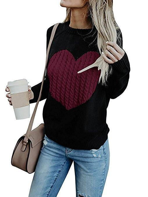 Women O-neck Love Print Knitted Sweatshirt Tops Sweaters Pullovers Autumn Casual Long Sleeve Loose