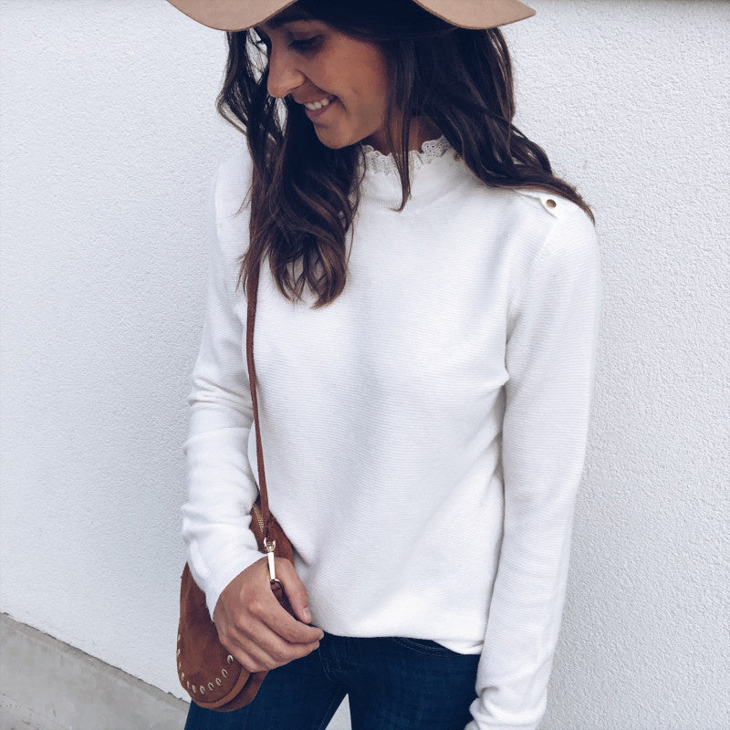 Women Winter New Sexy Lace Round Neck Shoulder Button Top