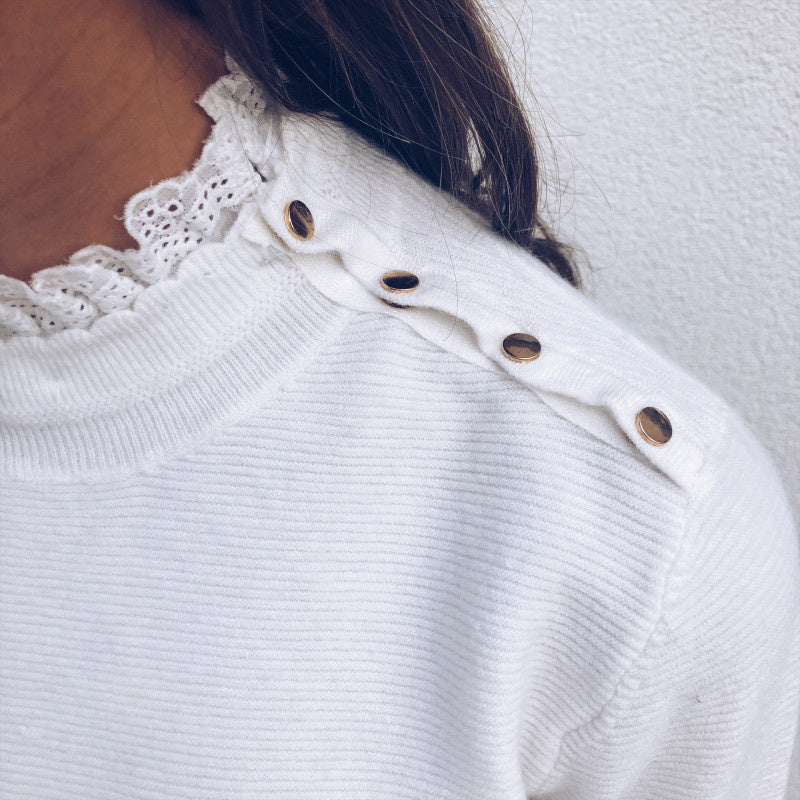 Women Winter New Sexy Lace Round Neck Shoulder Button Top