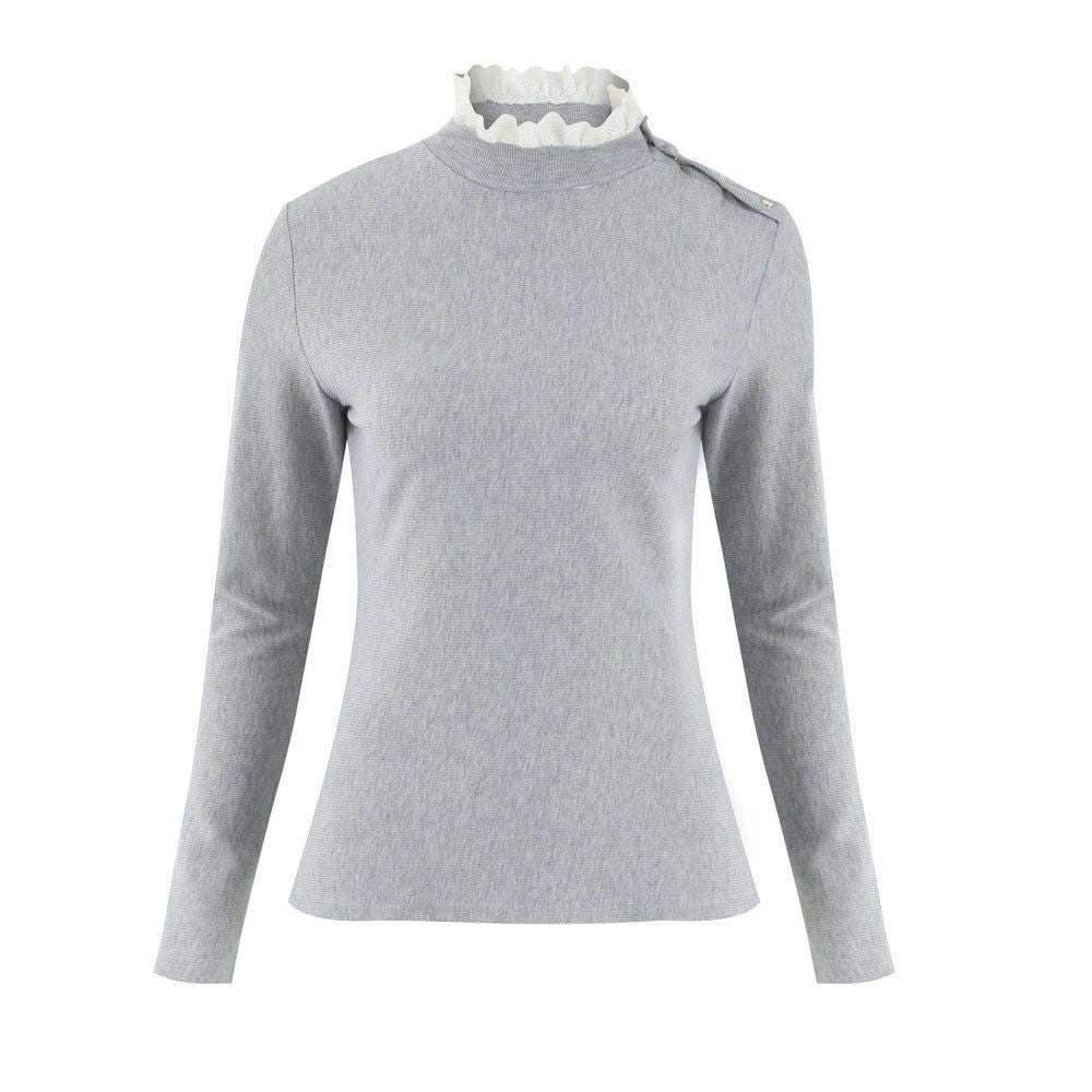 Women Winter New Sexy Lace Round Neck Shoulder Button Top