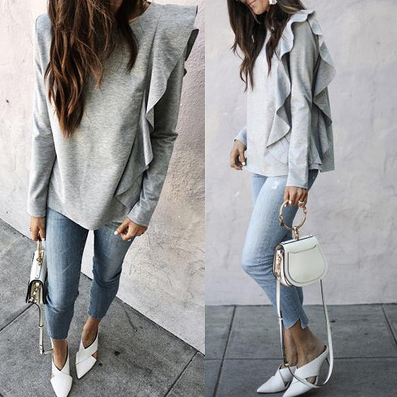 Women's Fashion Autumn Winter Sweater Casual Solid Color Pullover Loose Version Ruffled Round Neck Long Sleeved Sweater