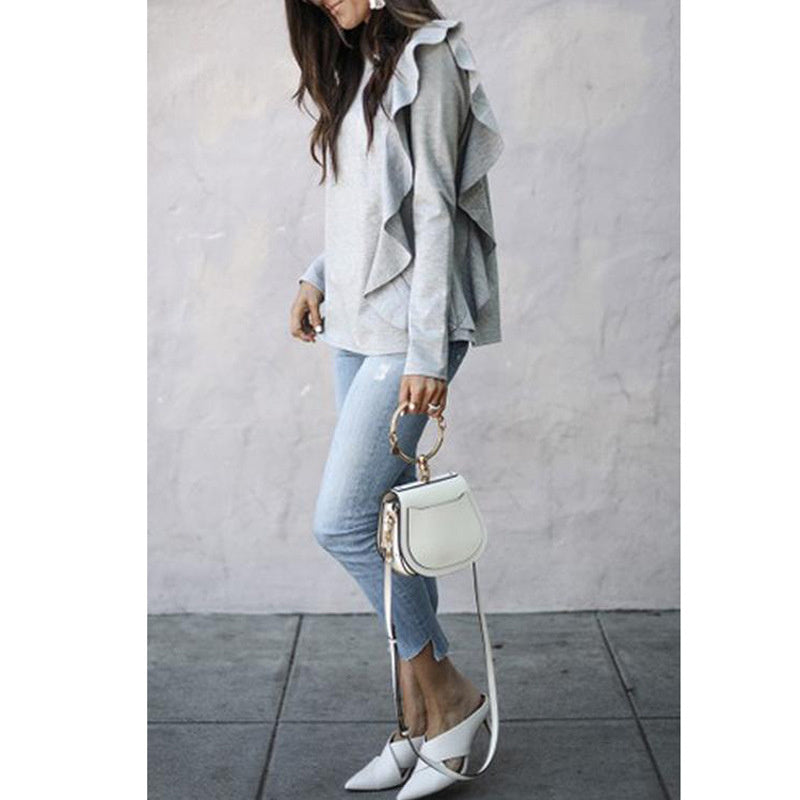 Women's Fashion Autumn Winter Sweater Casual Solid Color Pullover Loose Version Ruffled Round Neck Long Sleeved Sweater
