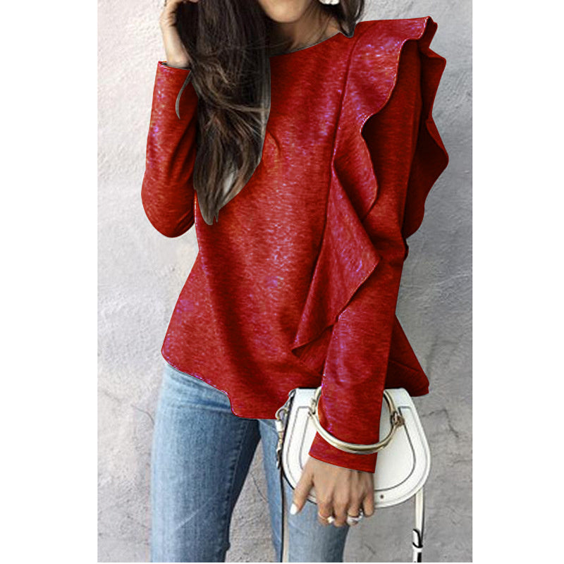 Women's Fashion Autumn Winter Sweater Casual Solid Color Pullover Loose Version Ruffled Round Neck Long Sleeved Sweater