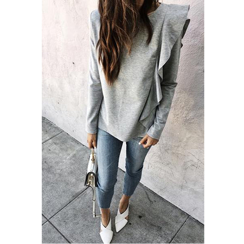 Women's Fashion Autumn Winter Sweater Casual Solid Color Pullover Loose Version Ruffled Round Neck Long Sleeved Sweater