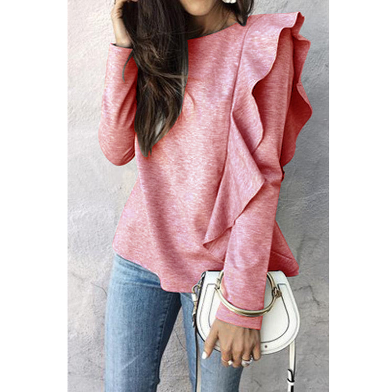 Women's Fashion Autumn Winter Sweater Casual Solid Color Pullover Loose Version Ruffled Round Neck Long Sleeved Sweater