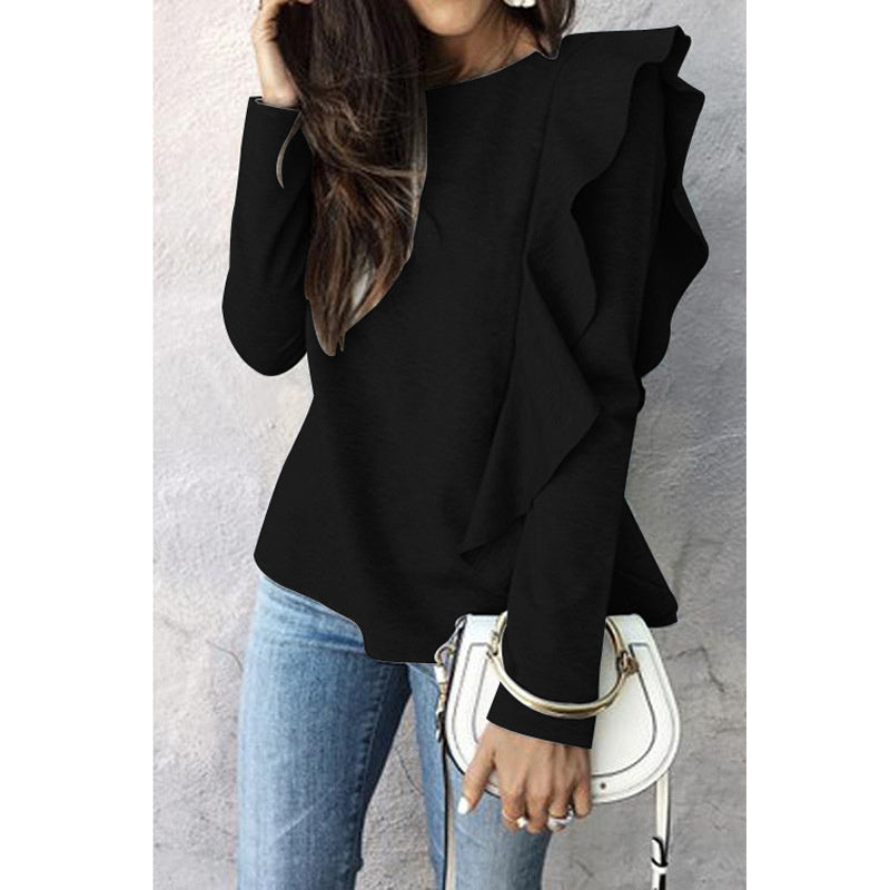 Women's Fashion Autumn Winter Sweater Casual Solid Color Pullover Loose Version Ruffled Round Neck Long Sleeved Sweater