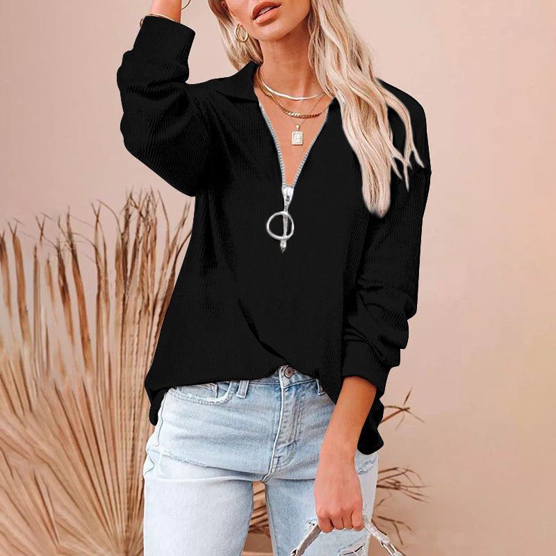 Women's New Casual Pure Color Loose Zipper V-neck Long Sleeve Large Size Loose Pit Striped T-shirt