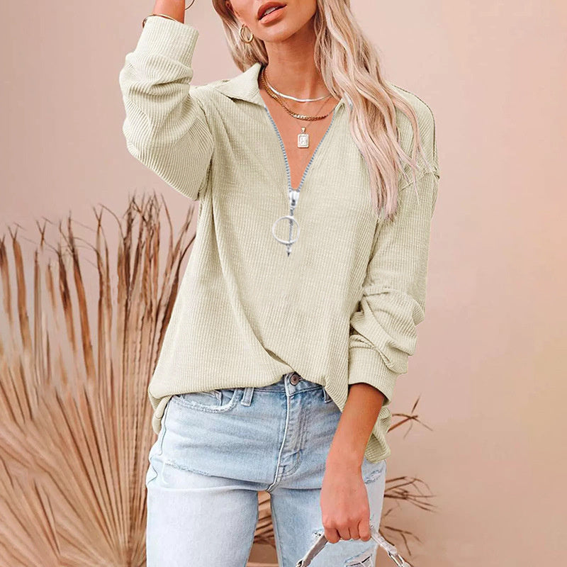 Women's New Casual Pure Color Loose Zipper V-neck Long Sleeve Large Size Loose Pit Striped T-shirt