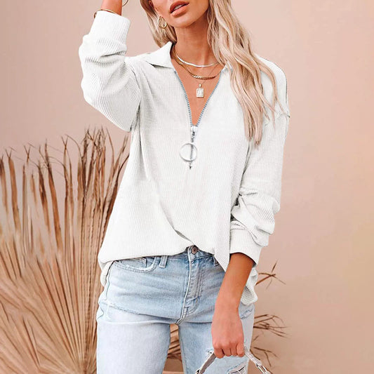 Women's New Casual Pure Color Loose Zipper V-neck Long Sleeve Large Size Loose Pit Striped T-shirt