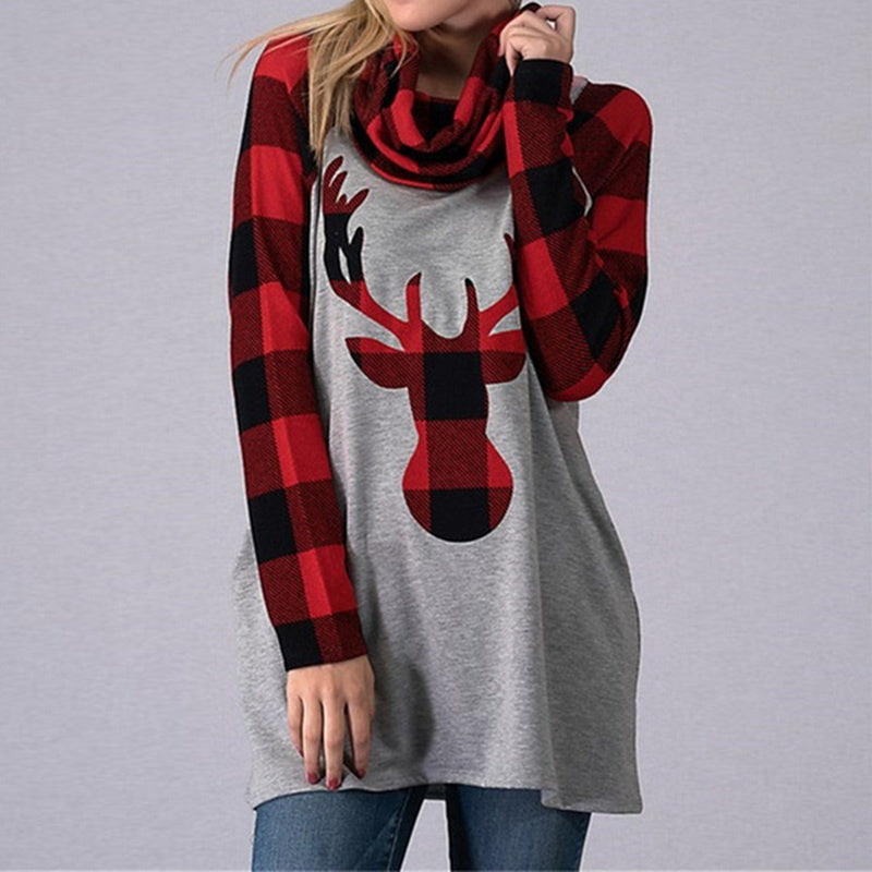 Christmas Ladies Women's Stitching Color Sweater Pullover Elk Print Long Sleeves Christams Clothes Loose Hoodie Sweater
