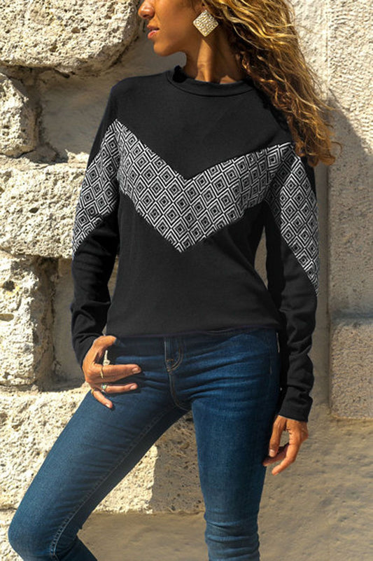Europe and the United States autumn new long-sleeved pattern two-color stitching round neck T-shirt