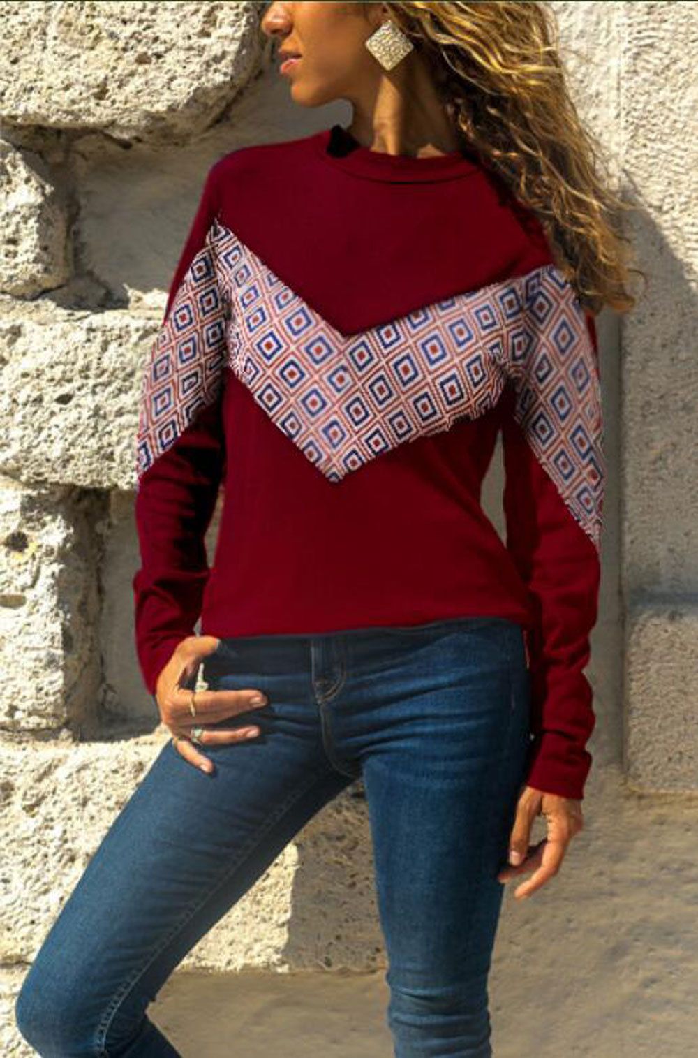 Europe and the United States autumn new long-sleeved pattern two-color stitching round neck T-shirt