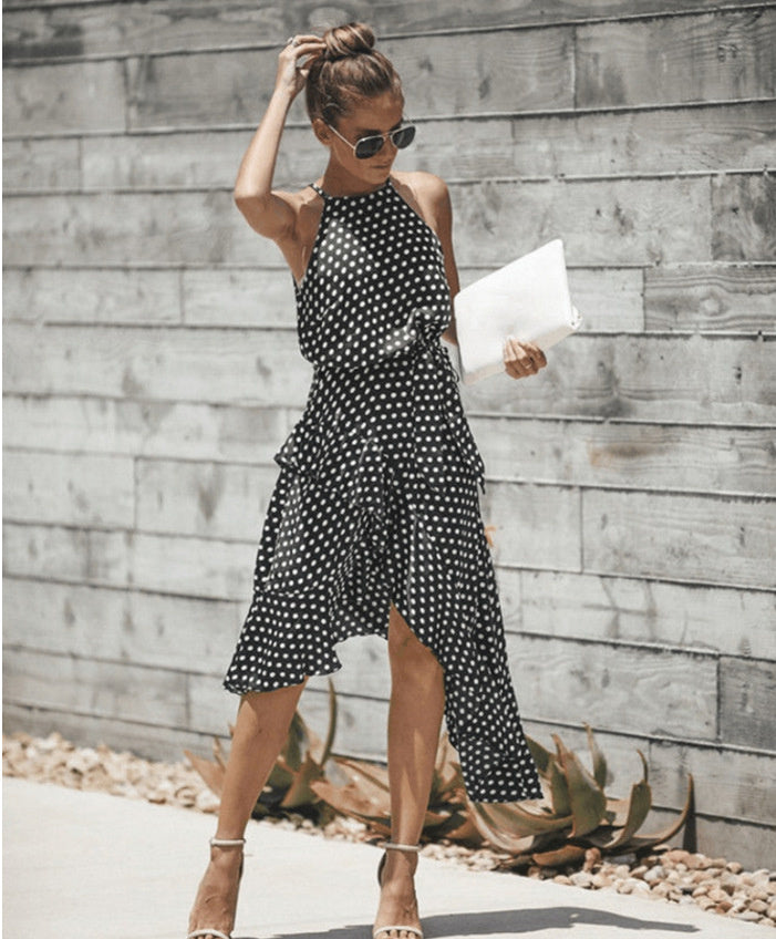 summer new fashion women's ruffled wave point irregular hem strap dress