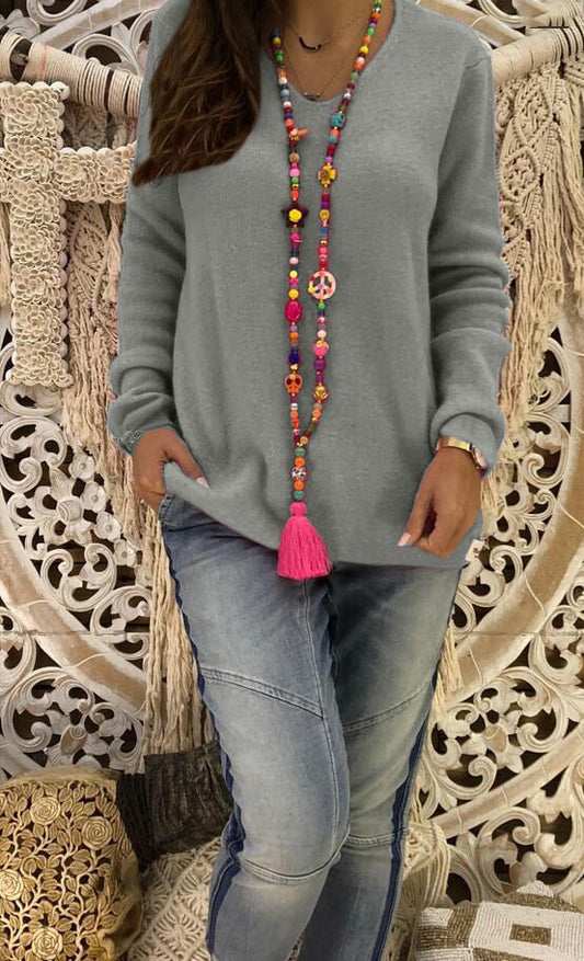 winter new women's V-neck long-sleeved solid color sweater S-5XL