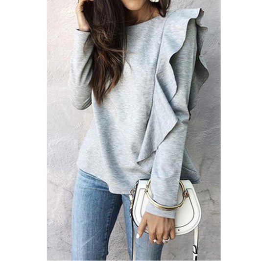 Women's Fashion Autumn Winter Sweater Casual Solid Color Pullover Loose Version Ruffled Round Neck Long Sleeved Sweater