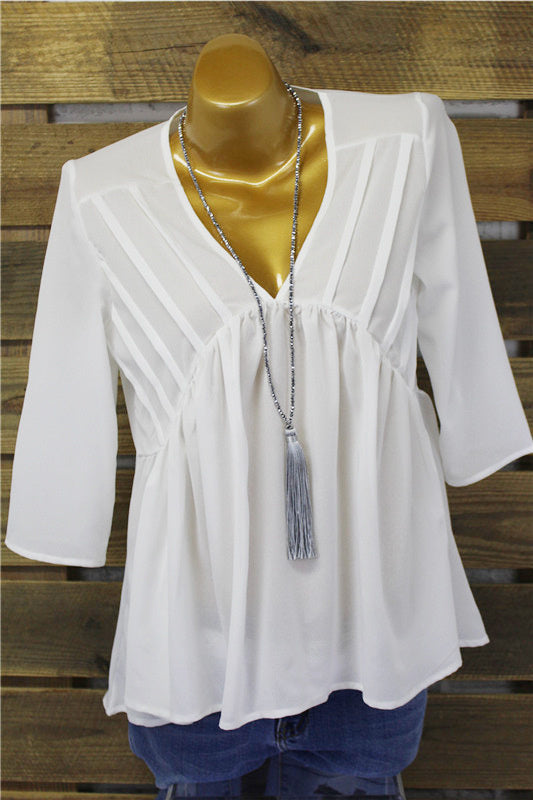 autumn new women's sexy V-neck stitching seven-point sleeve shirt