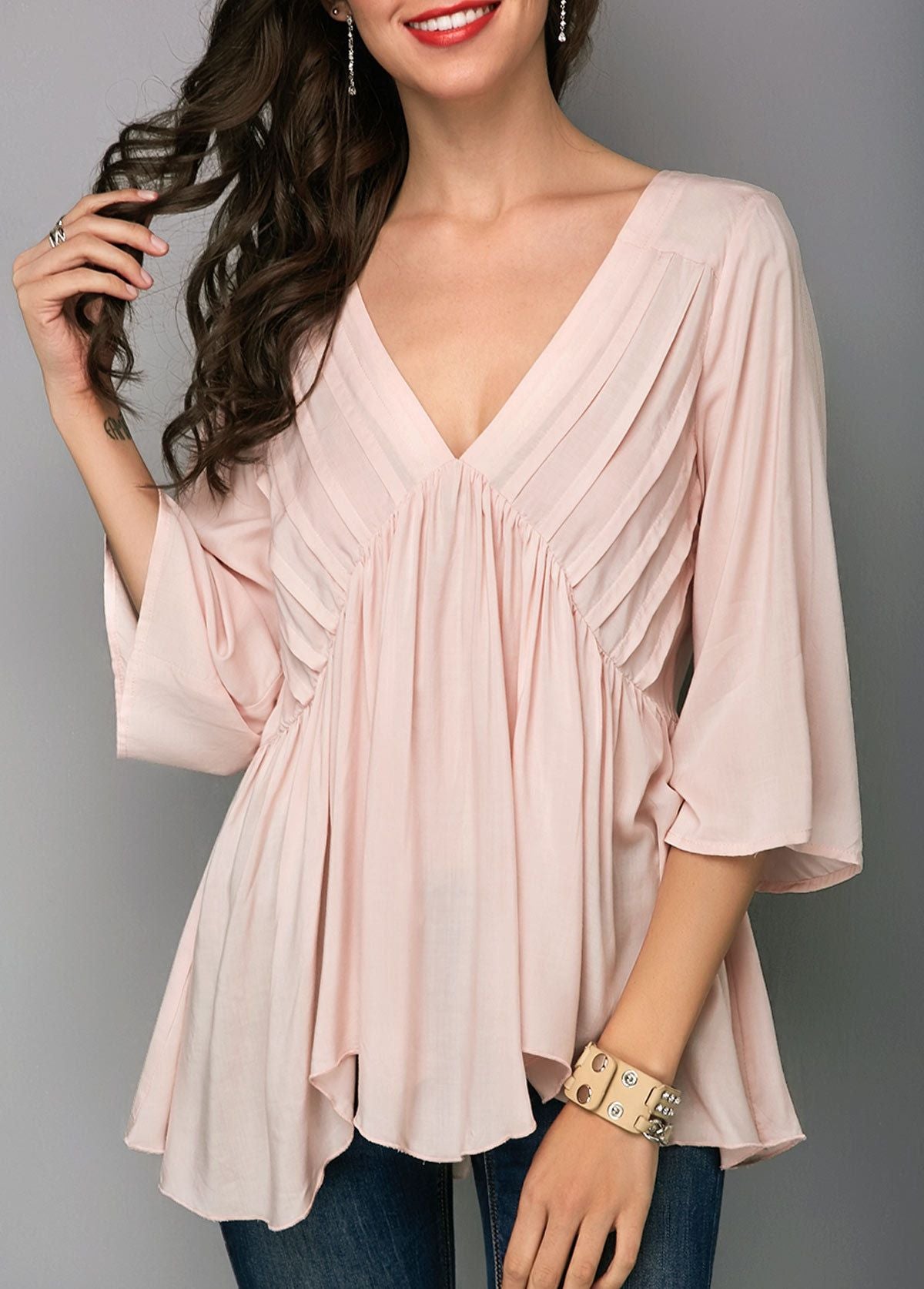 autumn new women's sexy V-neck stitching seven-point sleeve shirt