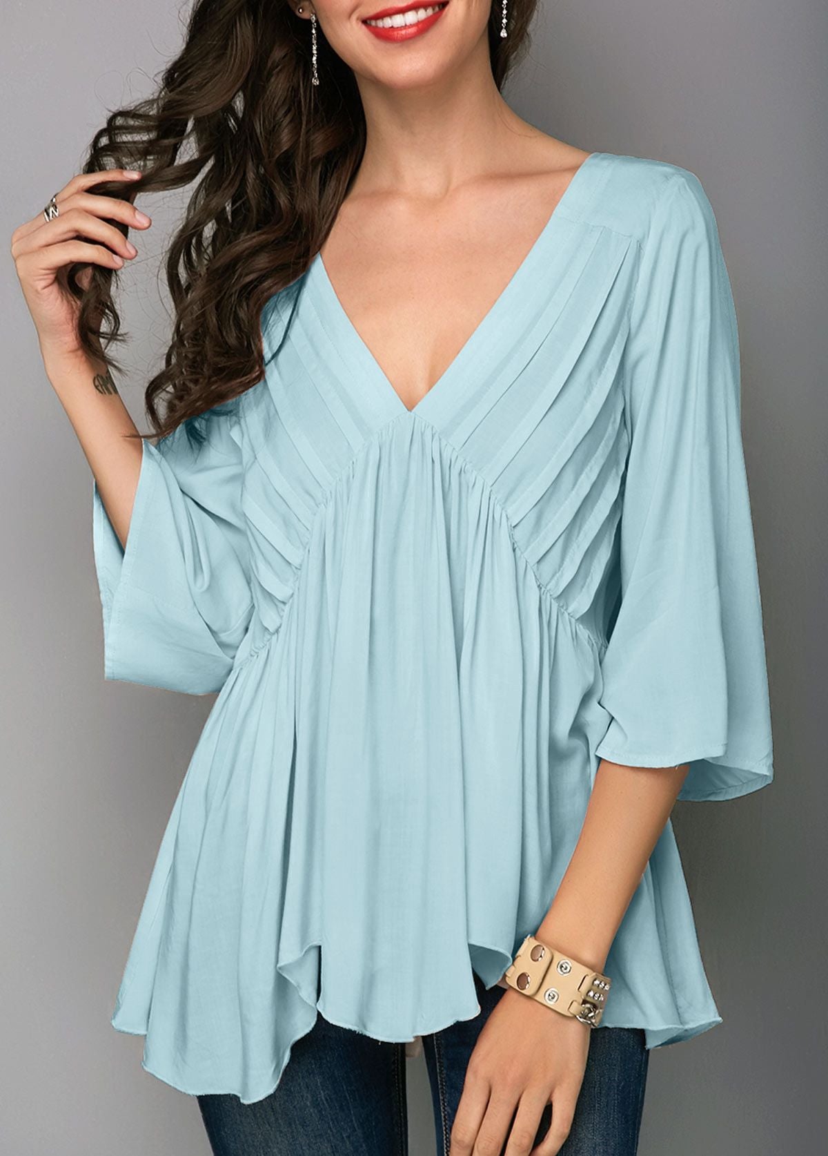 autumn new women's sexy V-neck stitching seven-point sleeve shirt